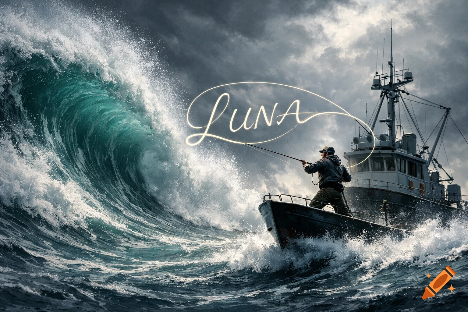 A fisherman on a boat casts a glowing line spelling "LUNA" towards a massive, turquoise wave under a dramatic, cloudy sky.
