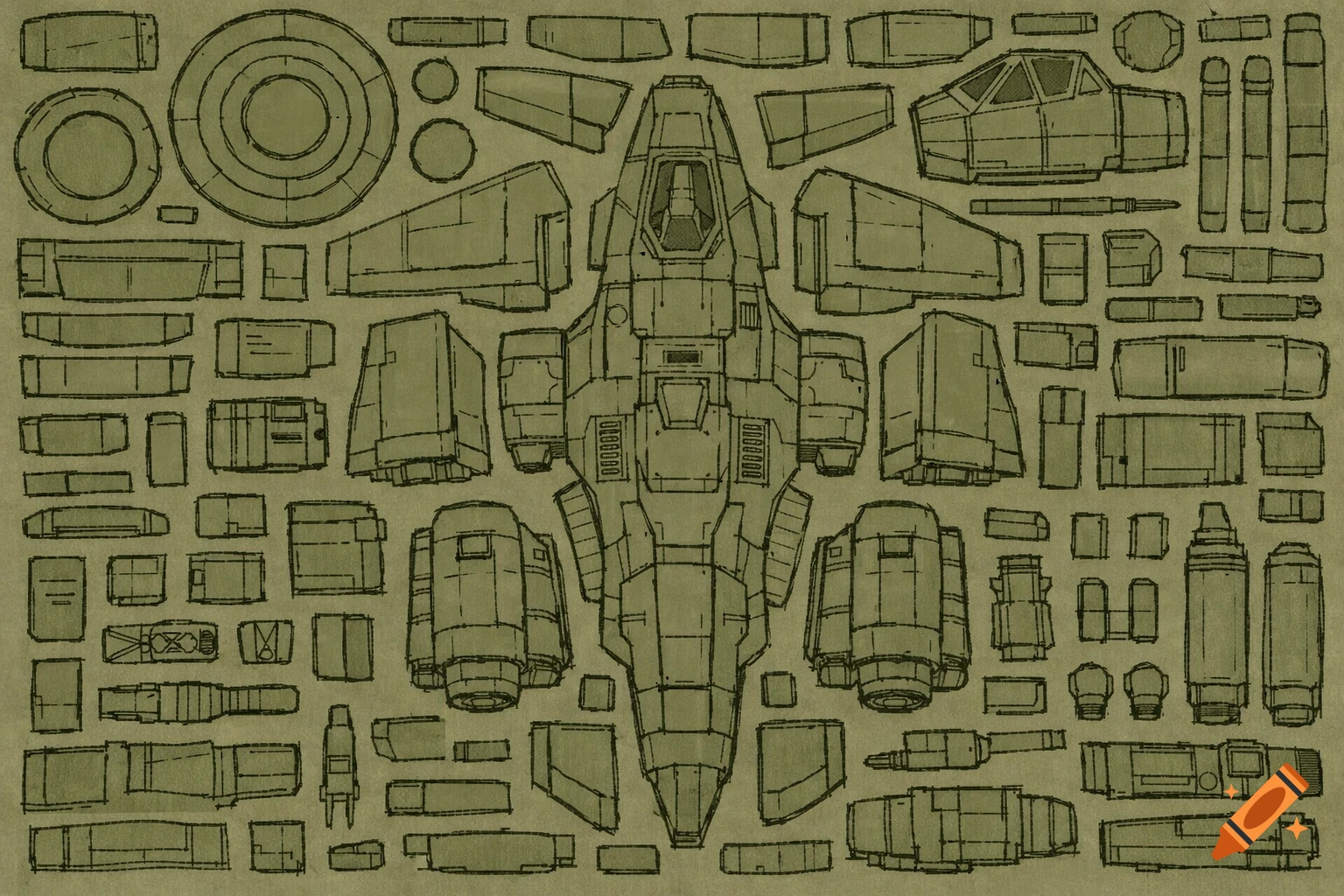 A green, sketchy blueprint-style illustration of a disassembled spaceship, resembling a UV texture map with various parts laid out.
