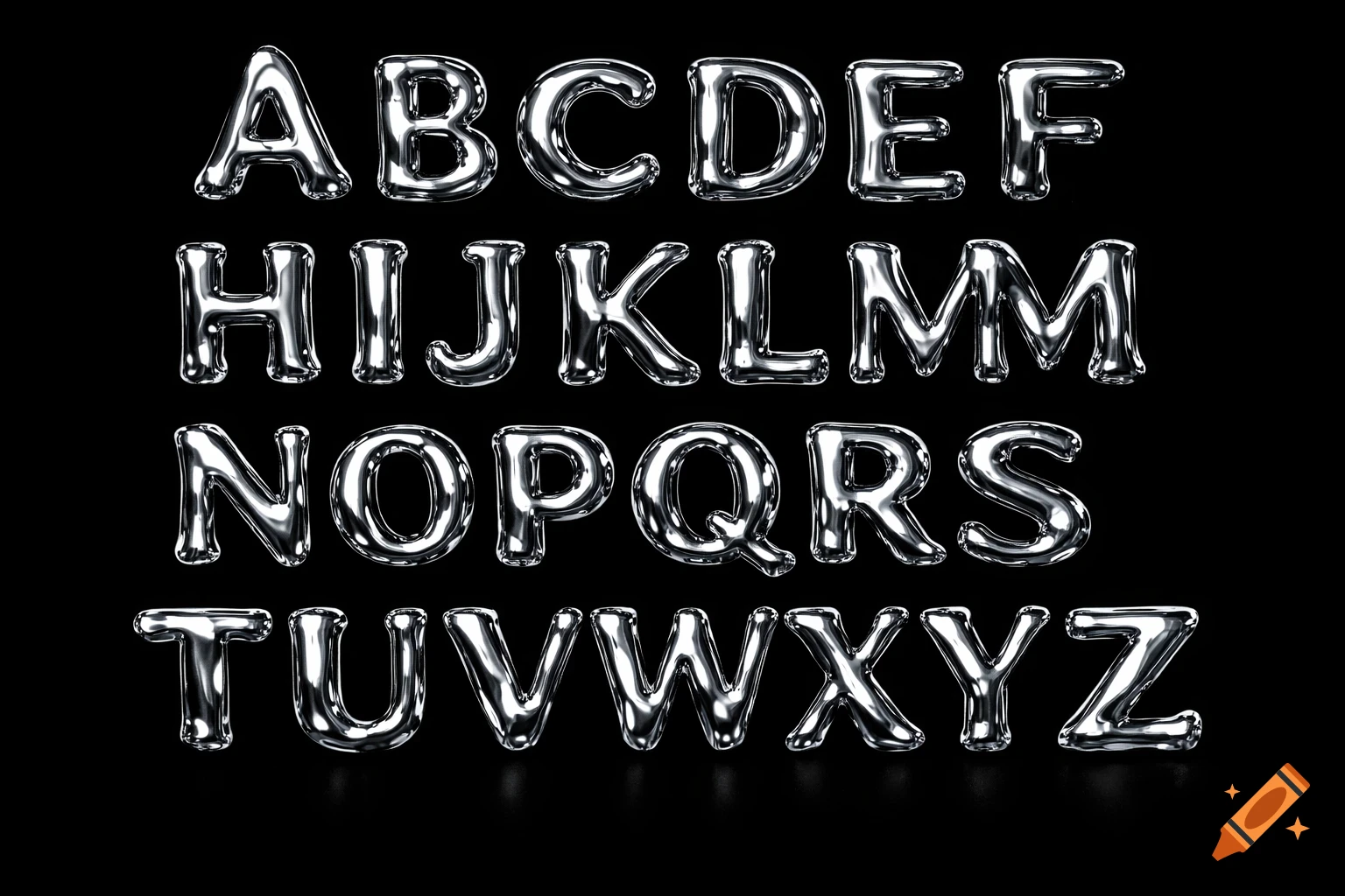 Shiny 3D silver metallic uppercase alphabet letters A-Z arranged in rows on a black background.