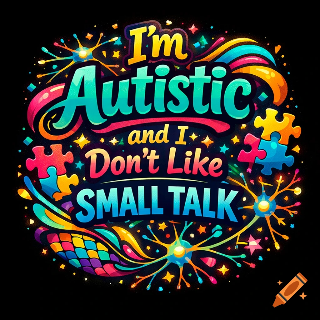 Colorful graphic design on a black background says 'I'm Autistic and I Don't Like SMALL TALK' with puzzle pieces and abstract shapes.