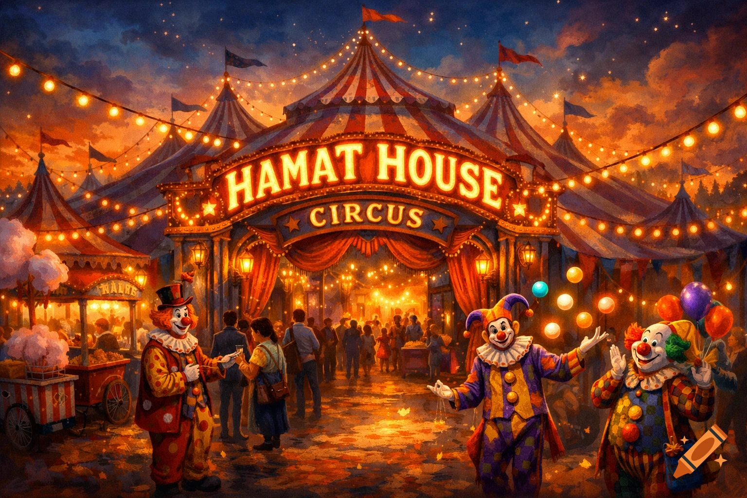 A vibrant painting depicts a bustling circus at night, with clowns and a grand tent entrance lit by string lights.