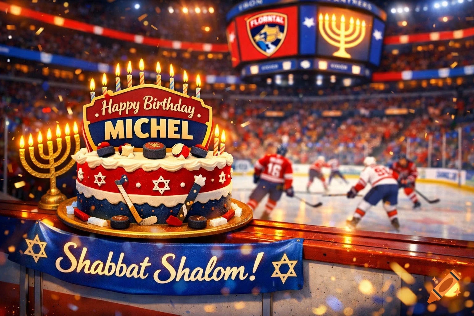 A vibrant birthday cake decorated with hockey pucks, sticks, and Stars of David, alongside a menorah, set in a bustling ice hockey arena with players on the ice and falling confetti. A banner reads "Shabbat Shalom!".