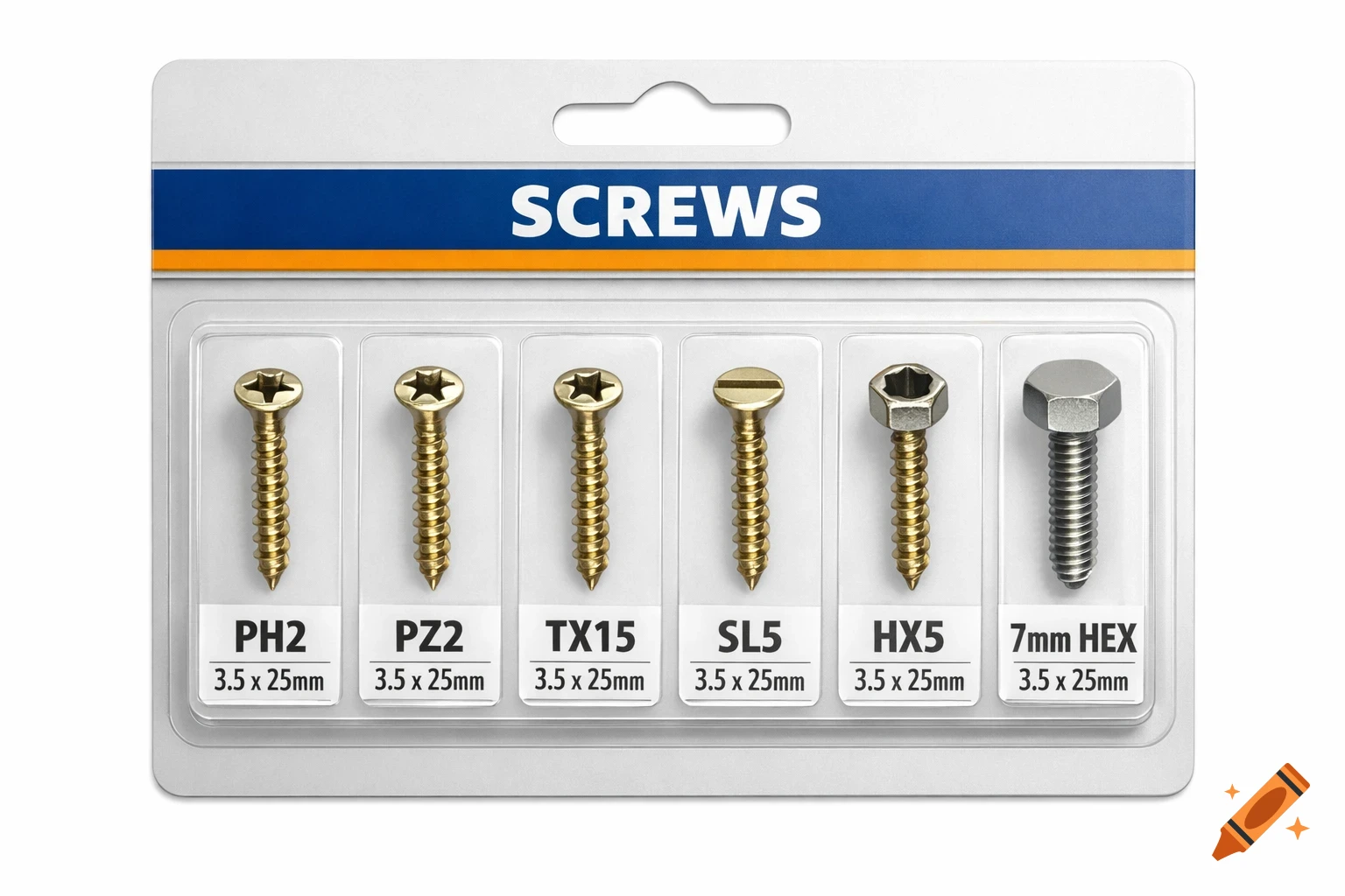 Blister package with six different types of screws: PH2, PZ2, TX15, SL5, HX5, and a 7mm hex bolt, all labeled 3.5x25mm.