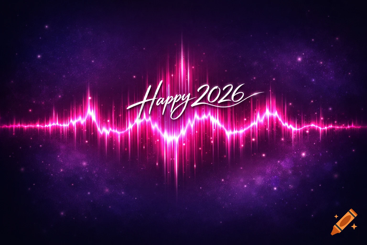 A vibrant pink and purple soundwave with glowing light effects on a dark, starry background, featuring "Happy 2026" text.
