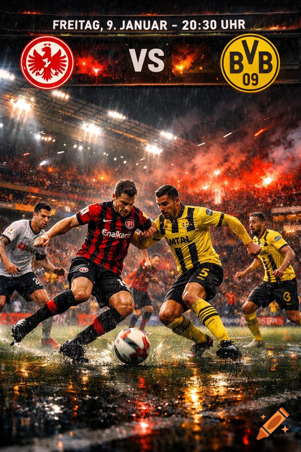 A dynamic soccer match between Eintracht Frankfurt and Borussia Dortmund in a rainy stadium, with players splashing water and crowd flares in the background. The date and time are displayed at the top.