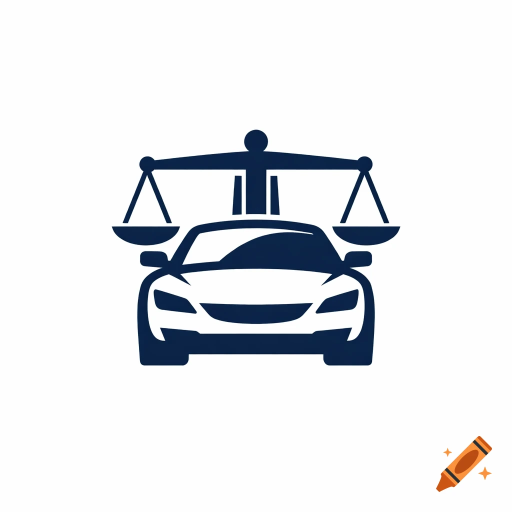 A navy blue flat design logo featuring a car with a balance scale on its roof, symbolizing fairness and transparency.
