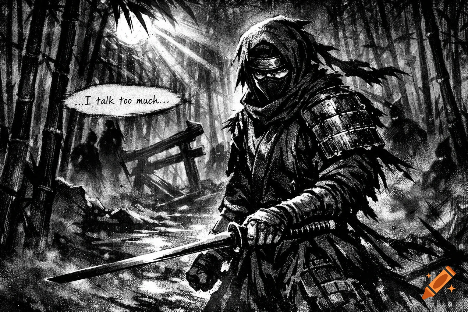 A ninja warrior stands in a dark, misty bamboo forest at night, holding a sword, in an ink-heavy manga style with a speech bubble that says "...I talk too much..."