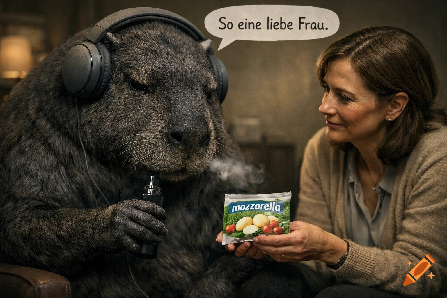 A photorealistic capybara wearing headphones and holding a vape listens to a woman offering a packet of mozzarella.