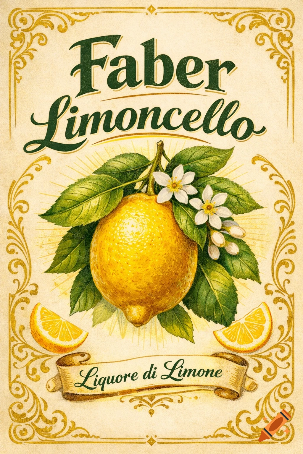 Vintage-style label for Faber Limoncello, featuring a vibrant lemon, green leaves, and white flowers, with decorative golden borders and 'Liquore di Limone' text on a banner.