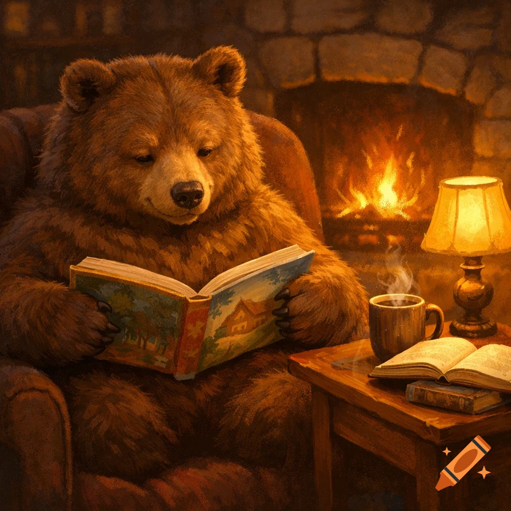 A cozy brown bear in an armchair reads a children's book by a warm fireplace, with coffee and books on a side table.
