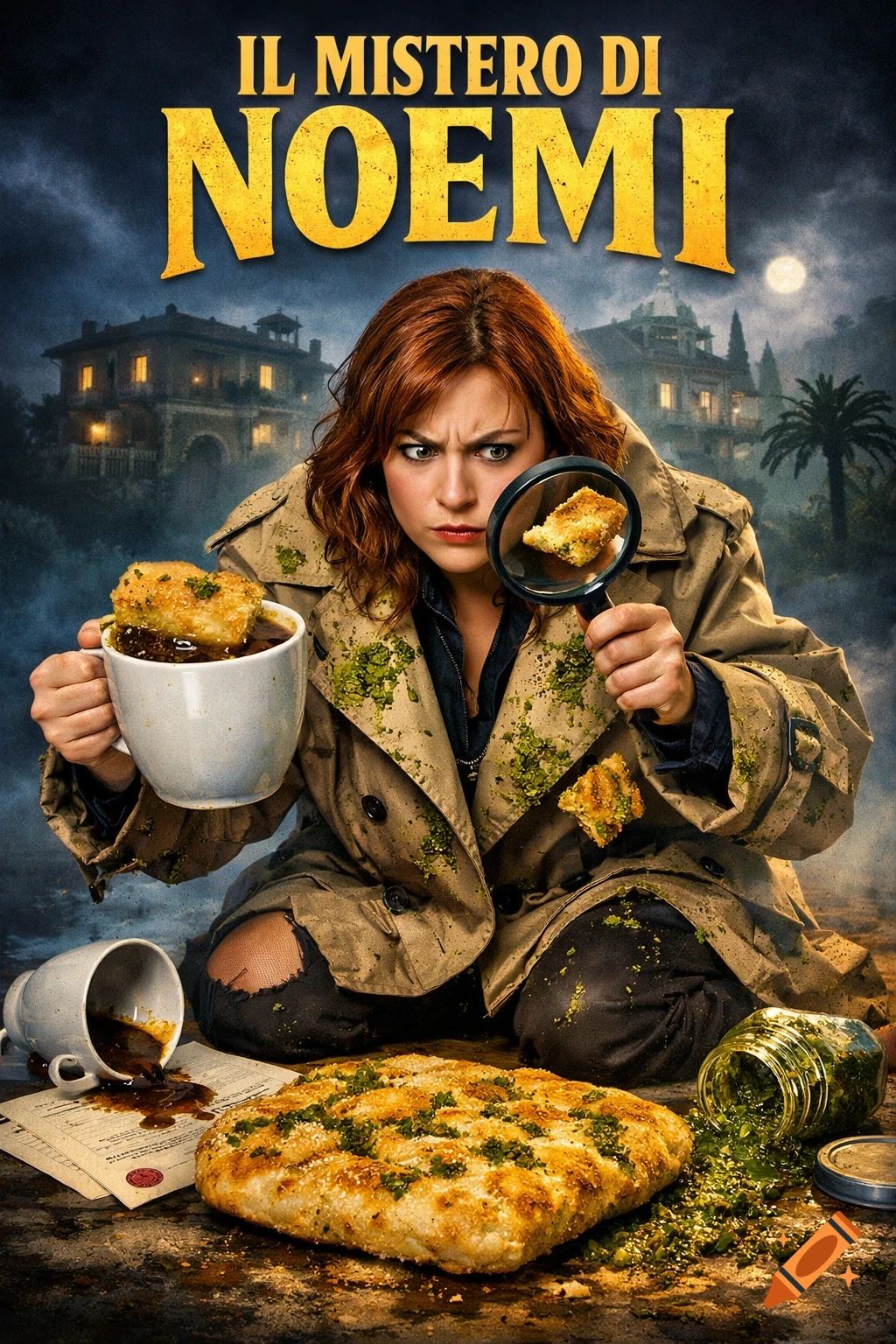 Cinematic movie poster for 'IL MISTERO DI NOEMI' showing a woman in a pesto-splattered trench coat investigating focaccia with a magnifying glass.