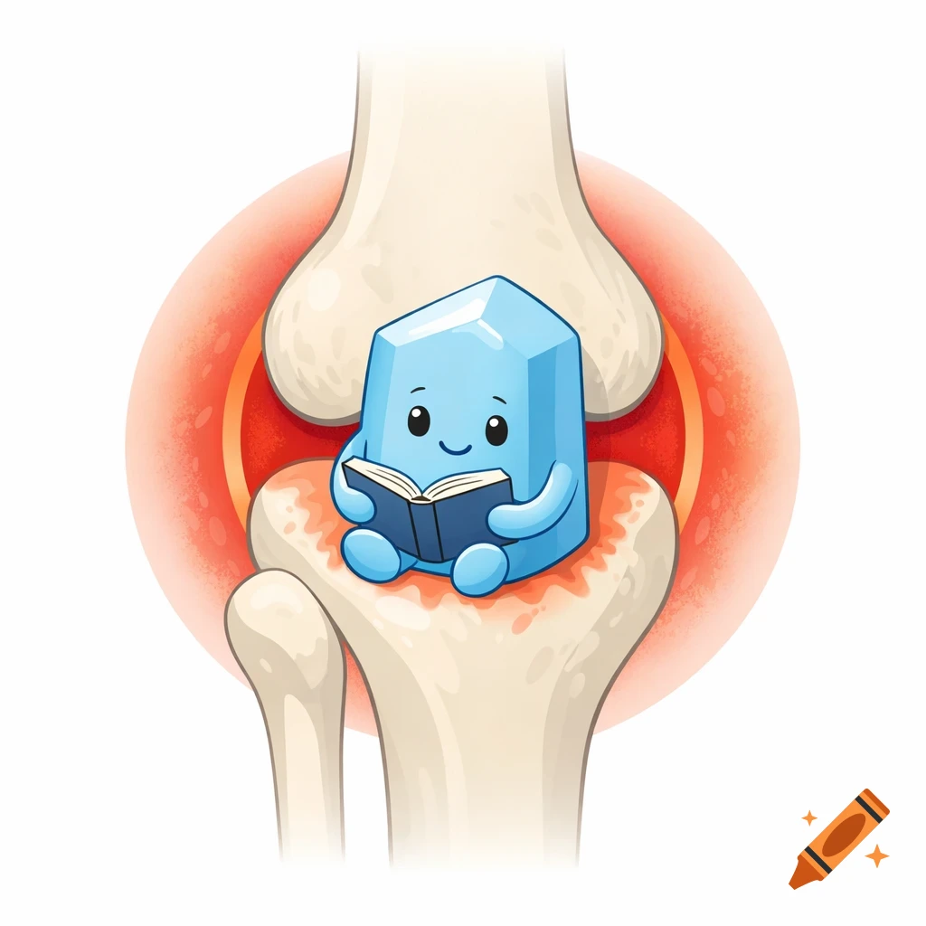 A friendly cartoon blue crystal sits inside an inflamed joint, reading a small open book, in a medical illustration style.