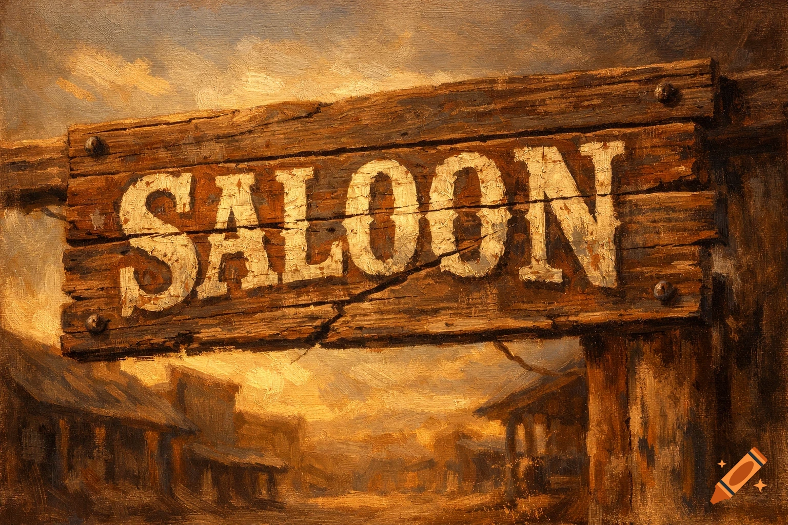 Oil painting of a weathered wooden SALOON sign above a blurred western town at sunset.