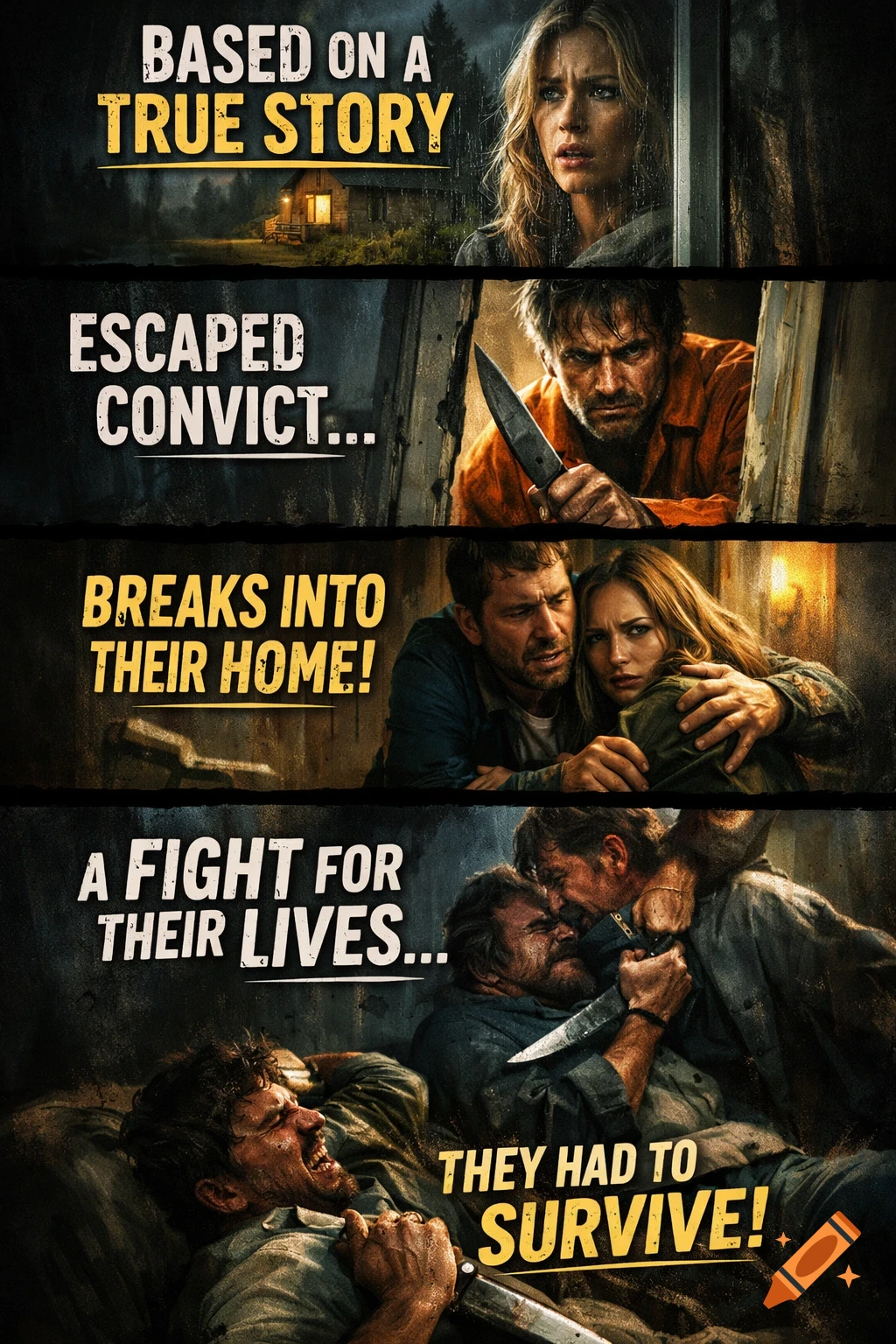 A dramatic vertical movie poster collage showing a frightened woman, a man in an orange jumpsuit with a knife, a couple in distress, and two men fighting with knives, overlaid with text telling a suspenseful true story.