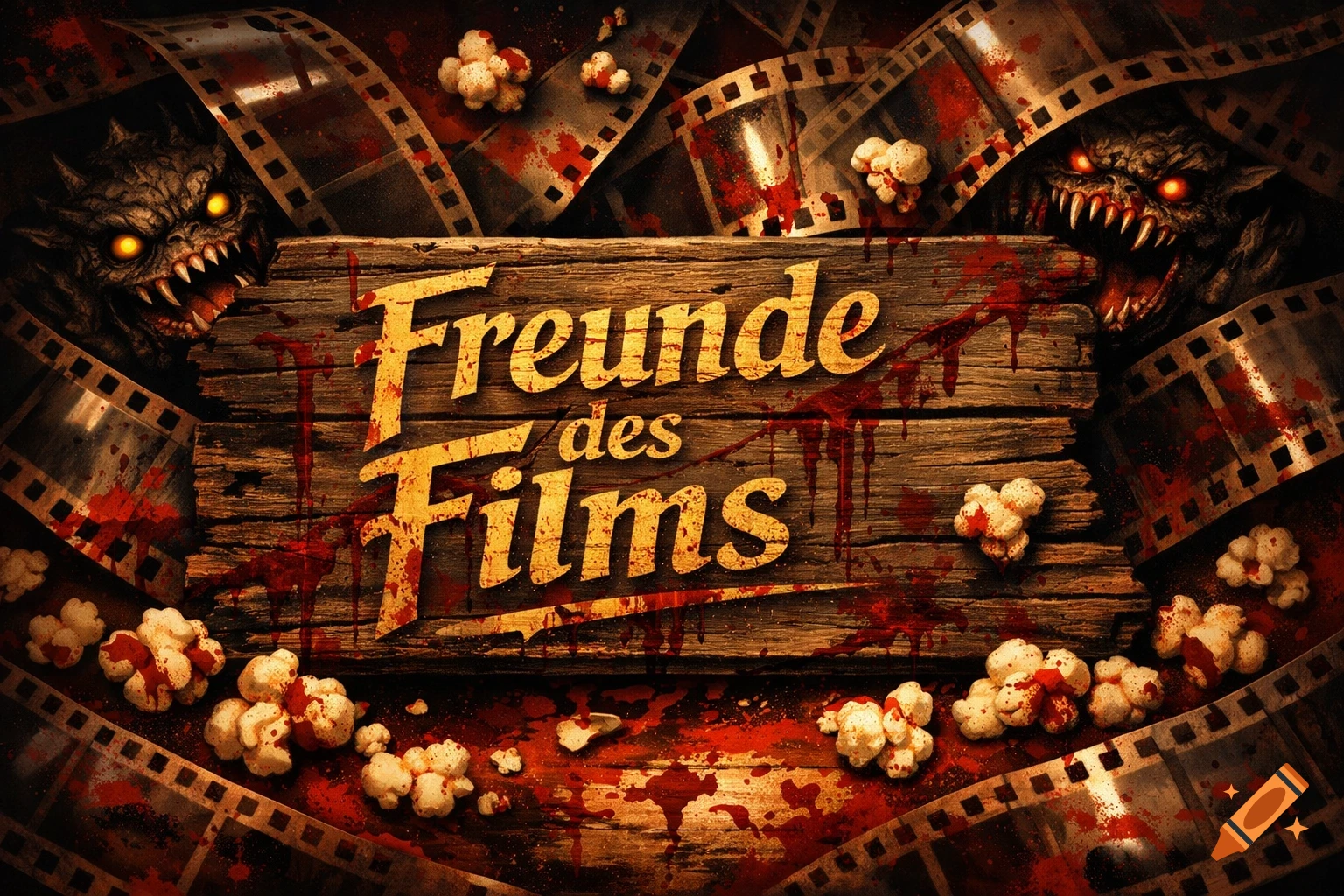 A dark, cinematic horror image with a 'Freunde des Films' sign, monstrous creatures, blood-splattered film reels, and popcorn.