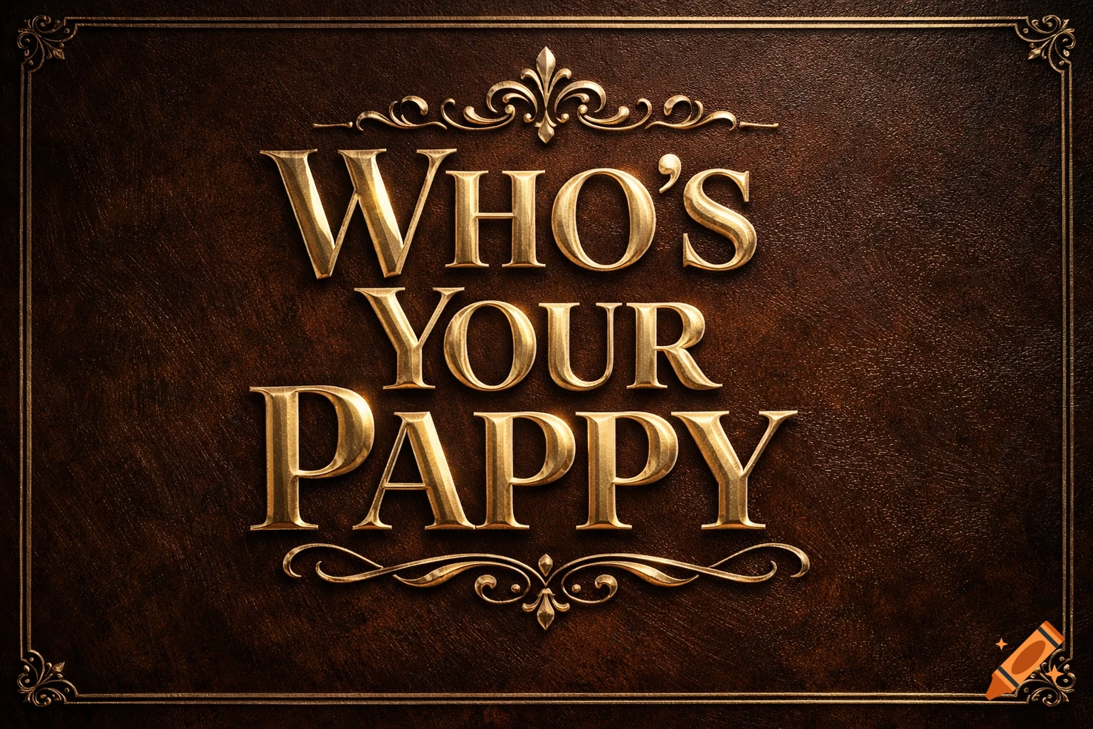 Golden embossed text 'WHO'S YOUR PAPPY' on a luxurious dark brown leather background with ornate gold borders.