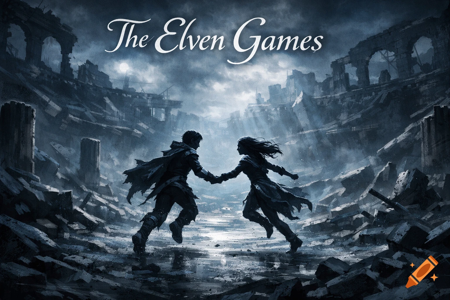 Two figures, possibly elves, hold hands and run through a ruined arena under the title "The Elven Games" in a dark fantasy style.