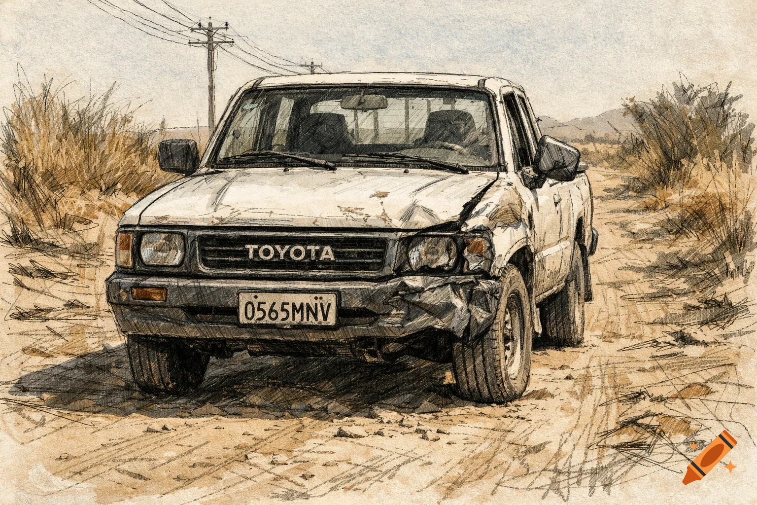 A sketch of a damaged white Toyota pickup truck with a bent mirror on a dirt road.