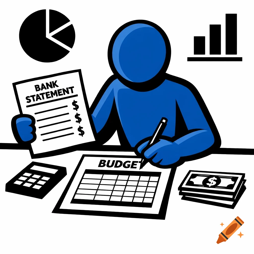 A blue abstract figure reviews a bank statement and writes on a budget sheet, with a calculator, money, and financial charts. Clip art style.
