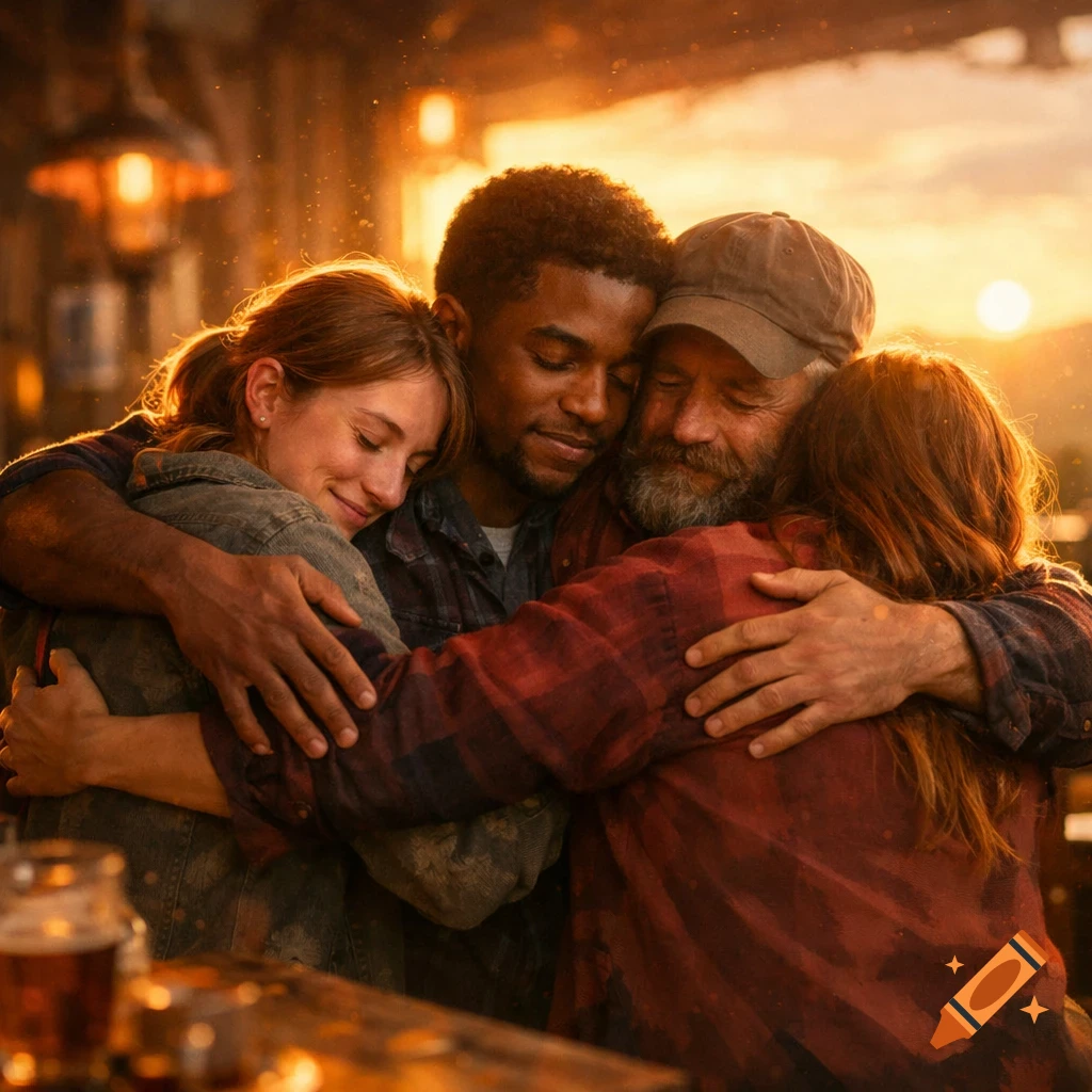 Four people, including a woman, a young man, and a bearded man, share a warm embrace in golden hour light.