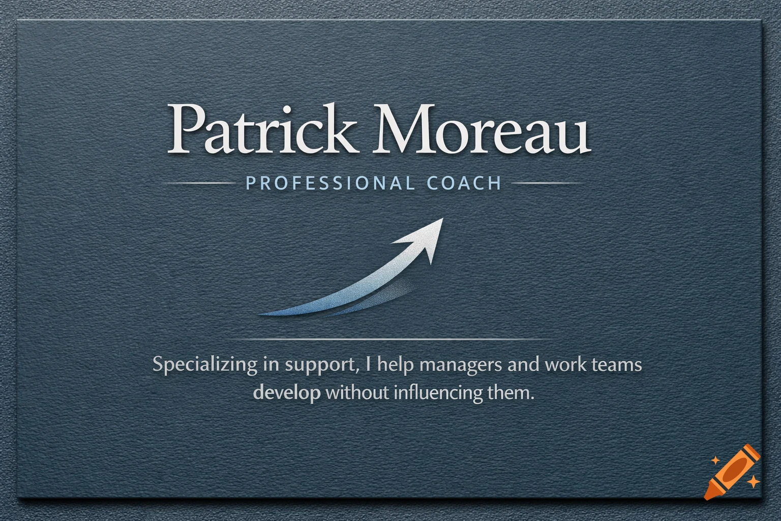 Dark blue business card for Patrick Moreau, Professional Coach, with an upward arrow graphic and descriptive text.