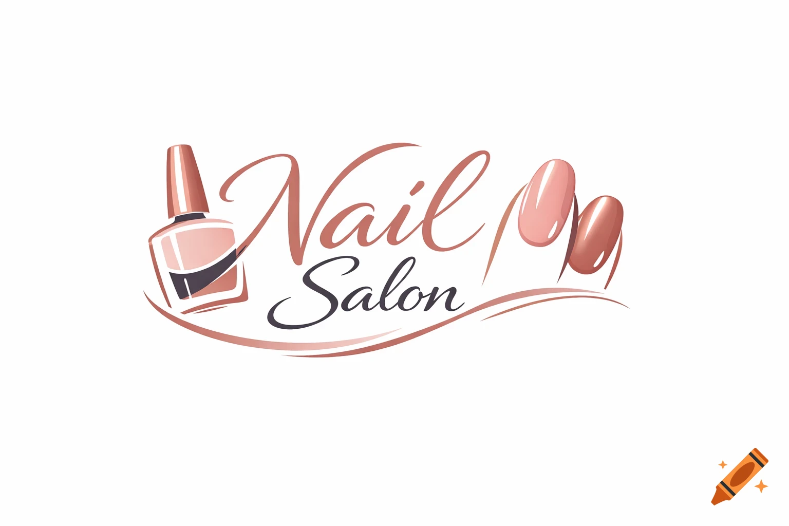 A stylized logo for a nail salon featuring a rose gold nail polish bottle, two painted nails, and the text "Nail Salon" in elegant script.