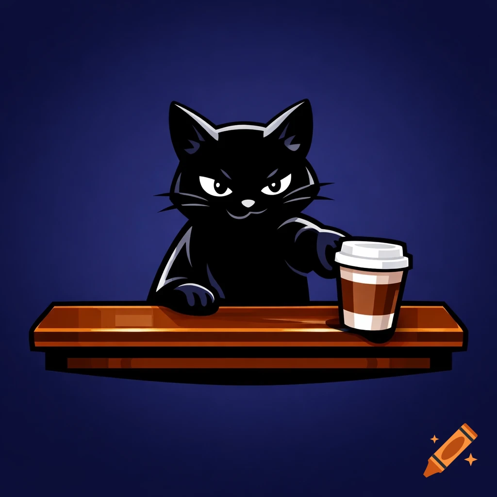 Cartoon illustration of a black cat behind a wooden bar counter, extending a paw with a coffee cup.
