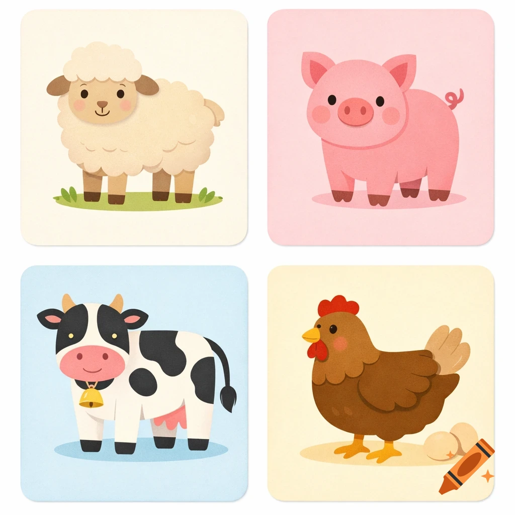Four cute cartoon farm animal flashcards: a sheep, a pig, a cow, and a chicken with two eggs.
