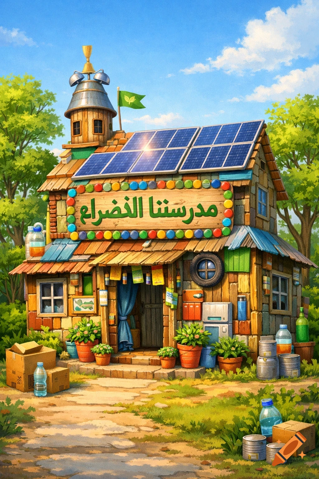 A vibrant cartoon illustration of an eco-friendly schoolhouse made from recycled materials, with solar panels and a sign reading "Our Green School".