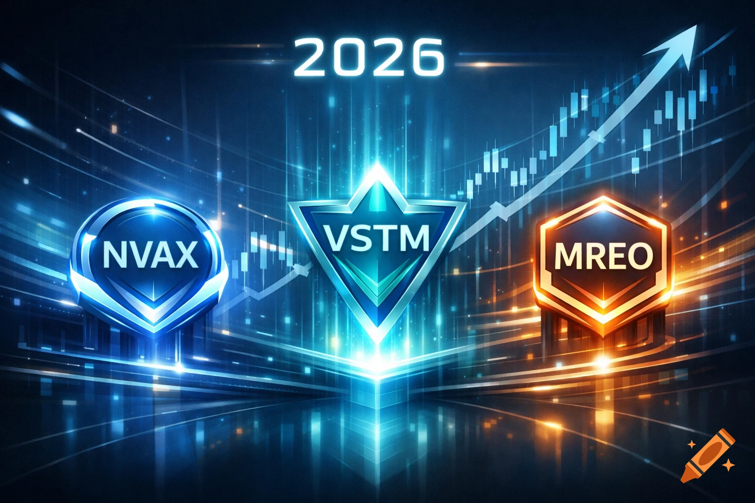 Futuristic digital image showing glowing logos NVAX, VSTM, MREO with an upward trending stock chart and the year 2026.
