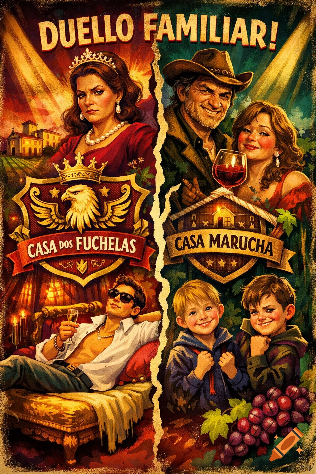 A vintage-style poster for a 'Family Duel' play, split down the middle. On the left, a stern woman, a man in sunglasses, and a crest. On the right, a smiling man and woman with wine, and two smiling boys.