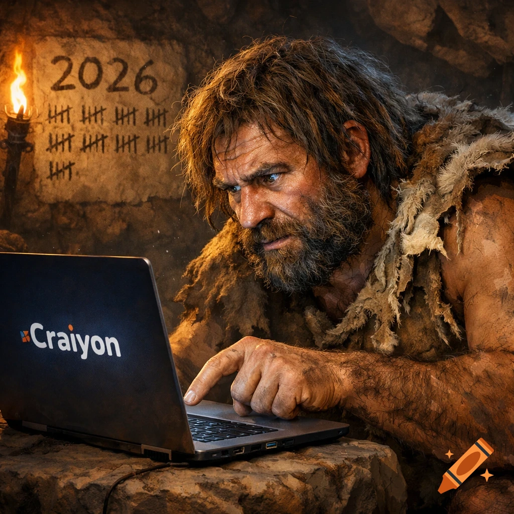 A photorealistic caveman in a cave intently uses a laptop showing 'Craiyon'. '2026' and tally marks are on the wall.