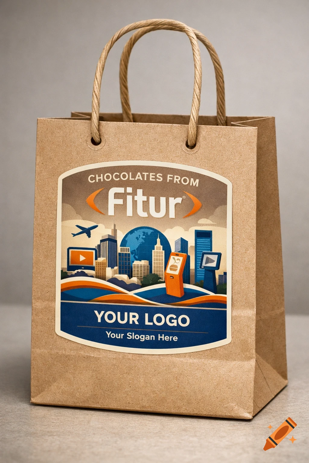 A brown paper gift bag with rope handles and a sticker featuring 'CHOCOLATES FROM Fitur', a cityscape, and 'YOUR LOGO' placeholders.