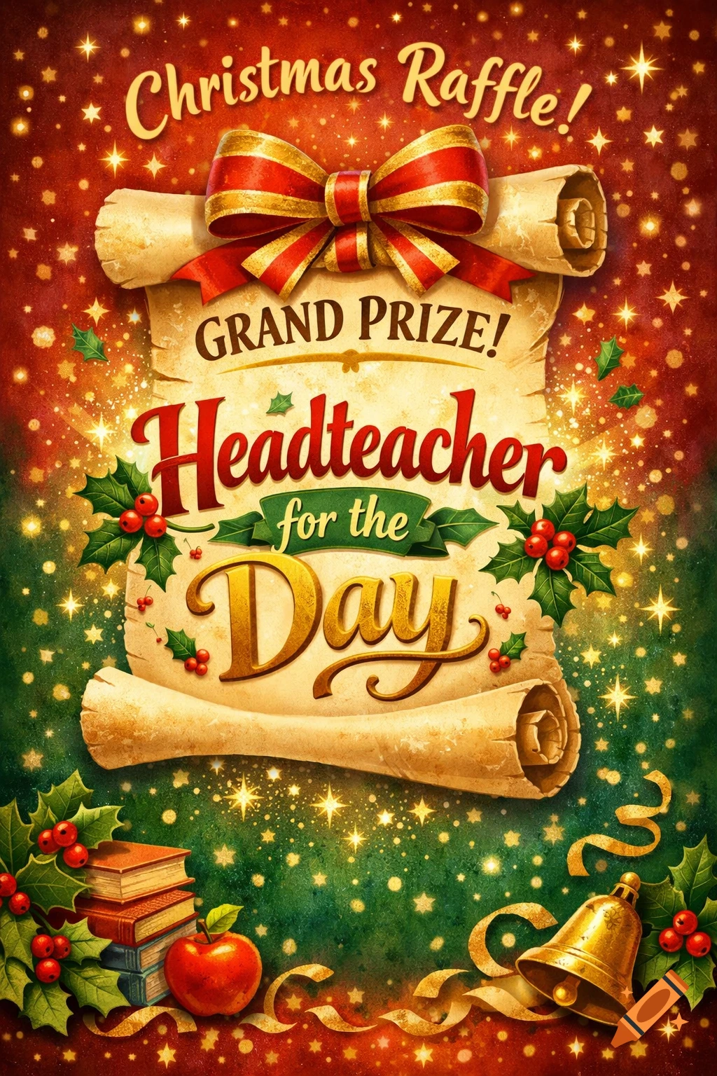 Festive Christmas raffle invitation with a scroll, red bow, holly, books, apple, bell, and sparkling stars, announcing 'Headteacher for the Day'.