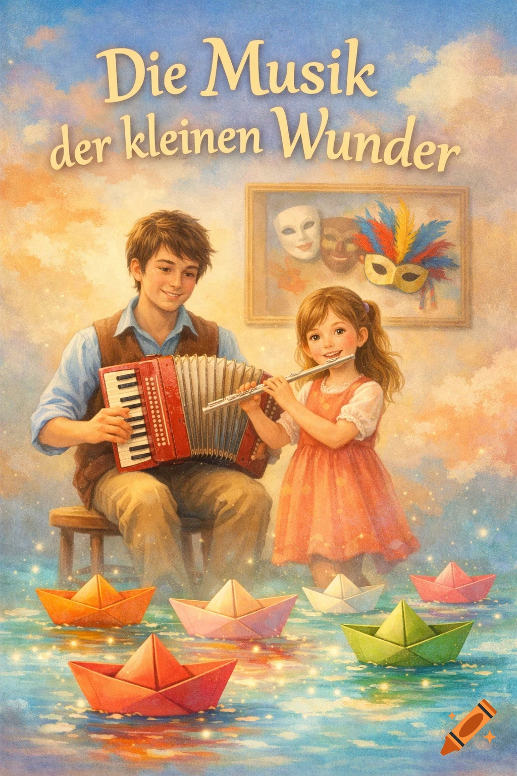 Dreamlike illustration of a boy with accordion and girl with flute on glowing water with paper boats, titled 'Die Musik der kleinen Wunder'.