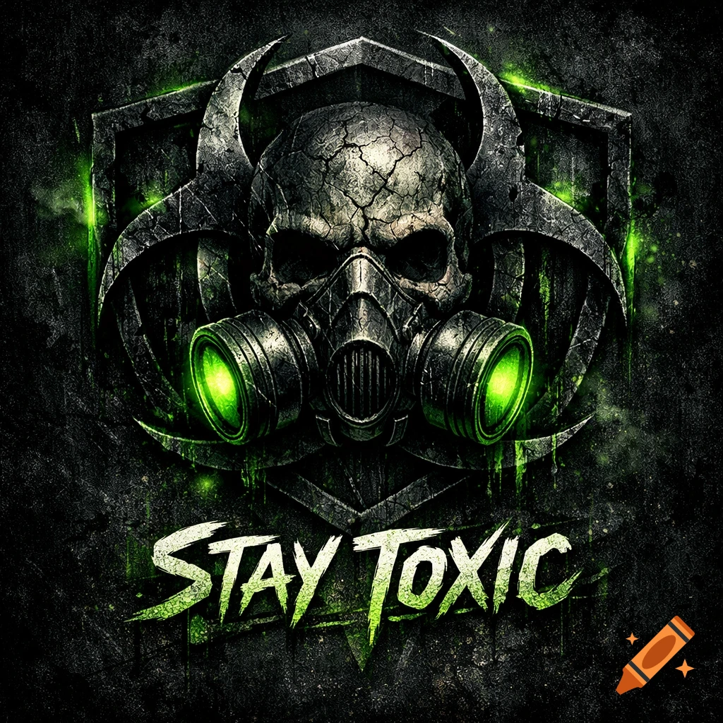 A grunge-style avatar featuring a cracked skull wearing a gas mask within a biohazard shield, with neon toxic green highlights and "Stay Toxic" text.
