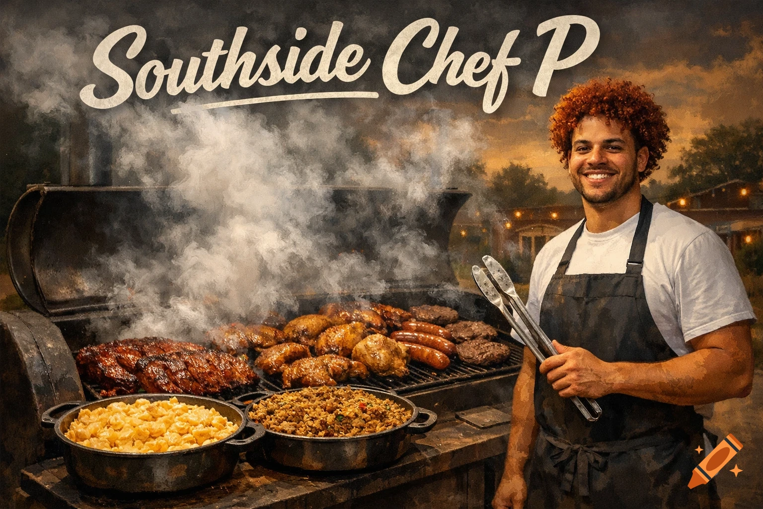 Smiling biracial chef with red curly hair holding tongs next to a large BBQ smoker filled with meats and side dishes, with "Southside Chef P" above.