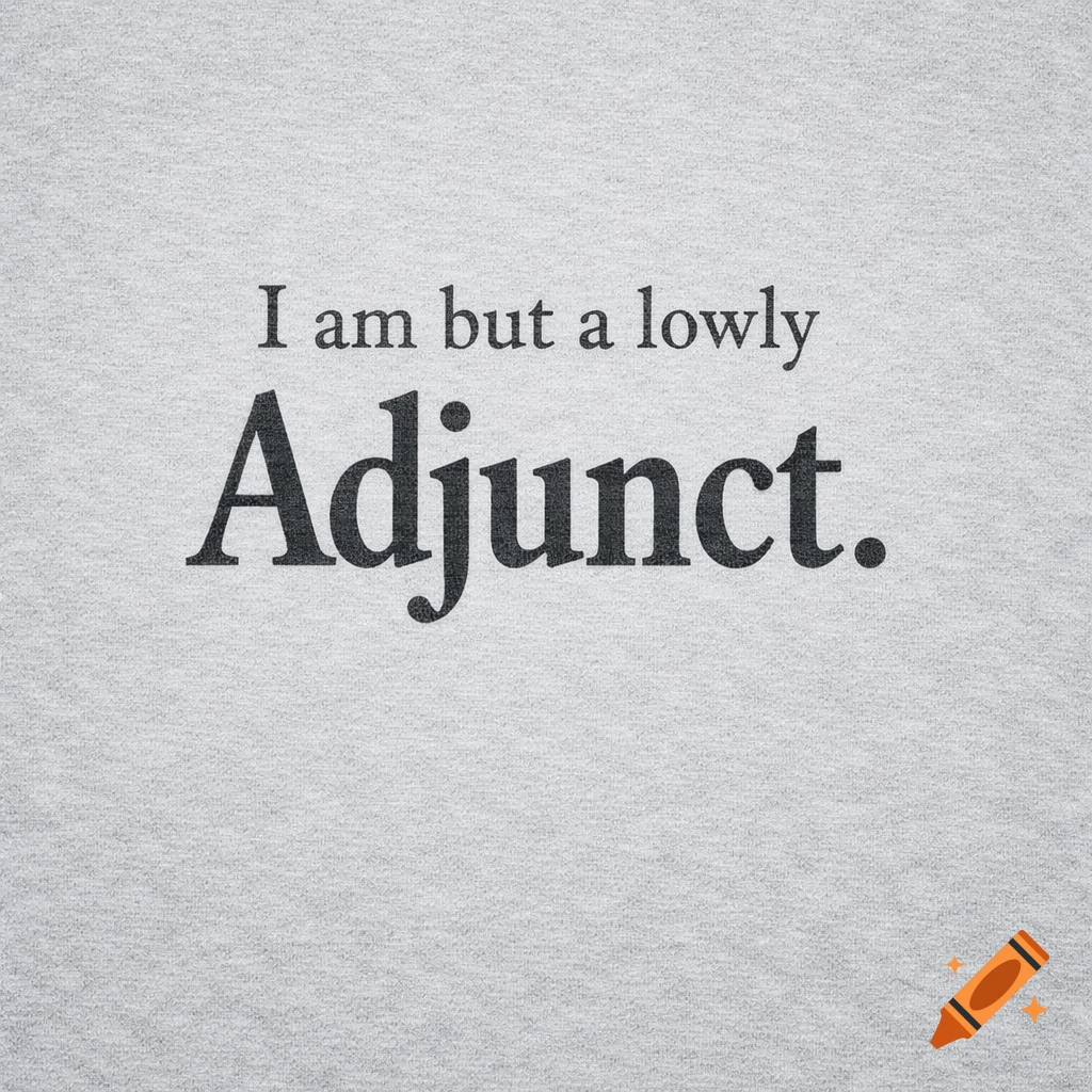 Black text "I am but a lowly Adjunct" printed on a light grey textured t-shirt.