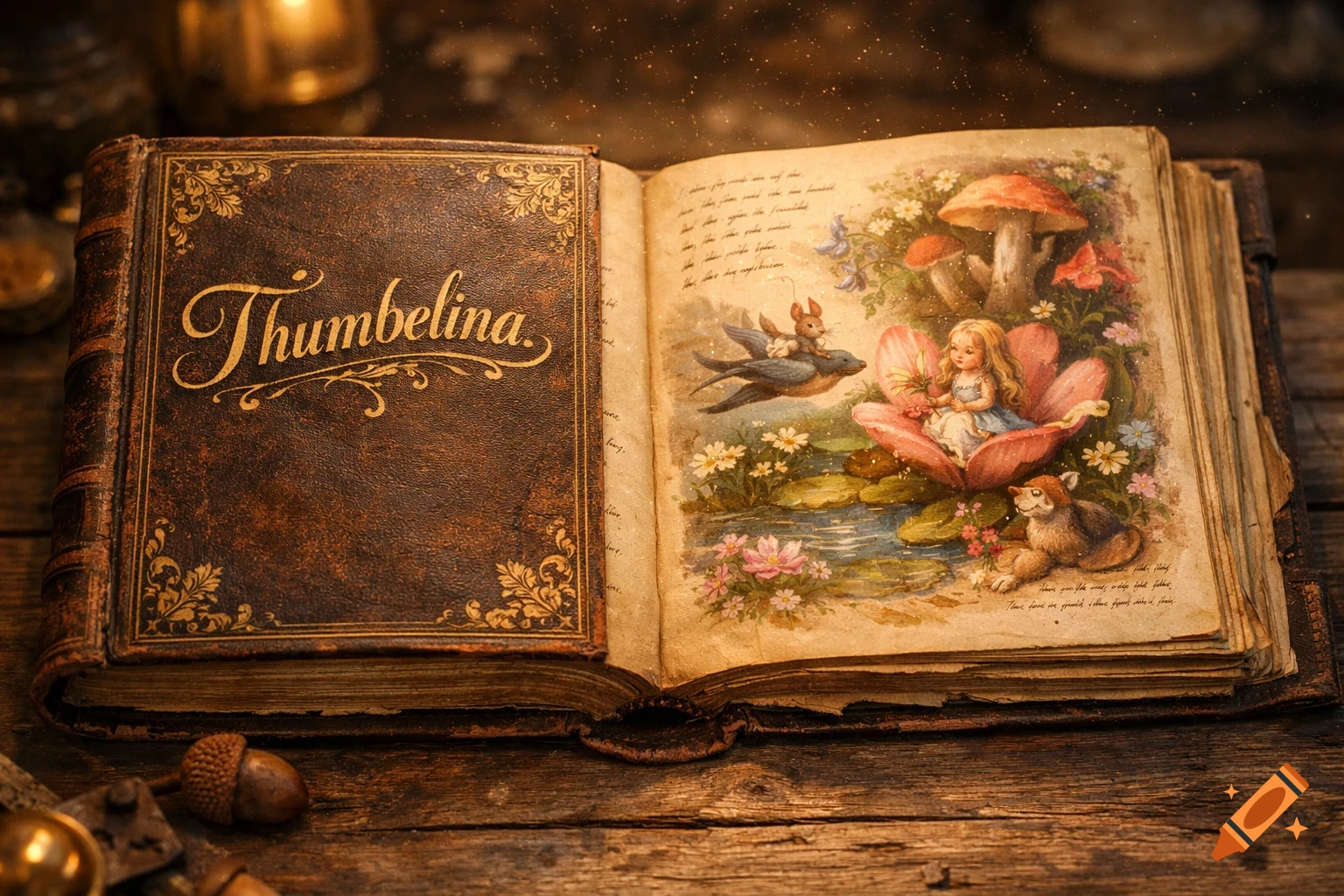 An open antique storybook titled 'Thumbelina', displaying a vibrant watercolor illustration of a small girl in a flower with woodland creatures.