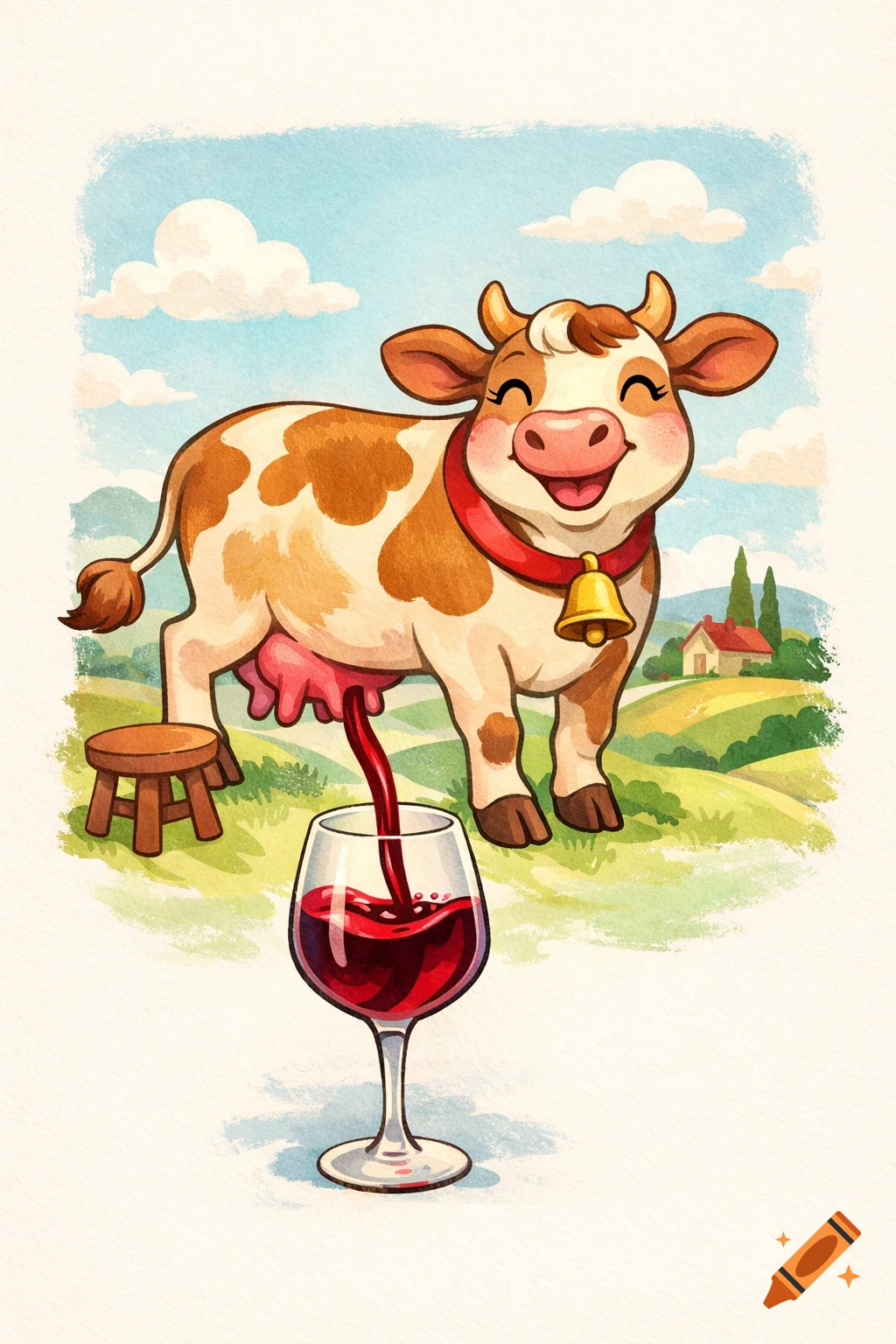 A playful cartoon illustration of a happy brown and white cow in a field, with red wine flowing from its udder into a wine glass. Rolling green hills and a farmhouse are in the background, with a watercolor texture.
