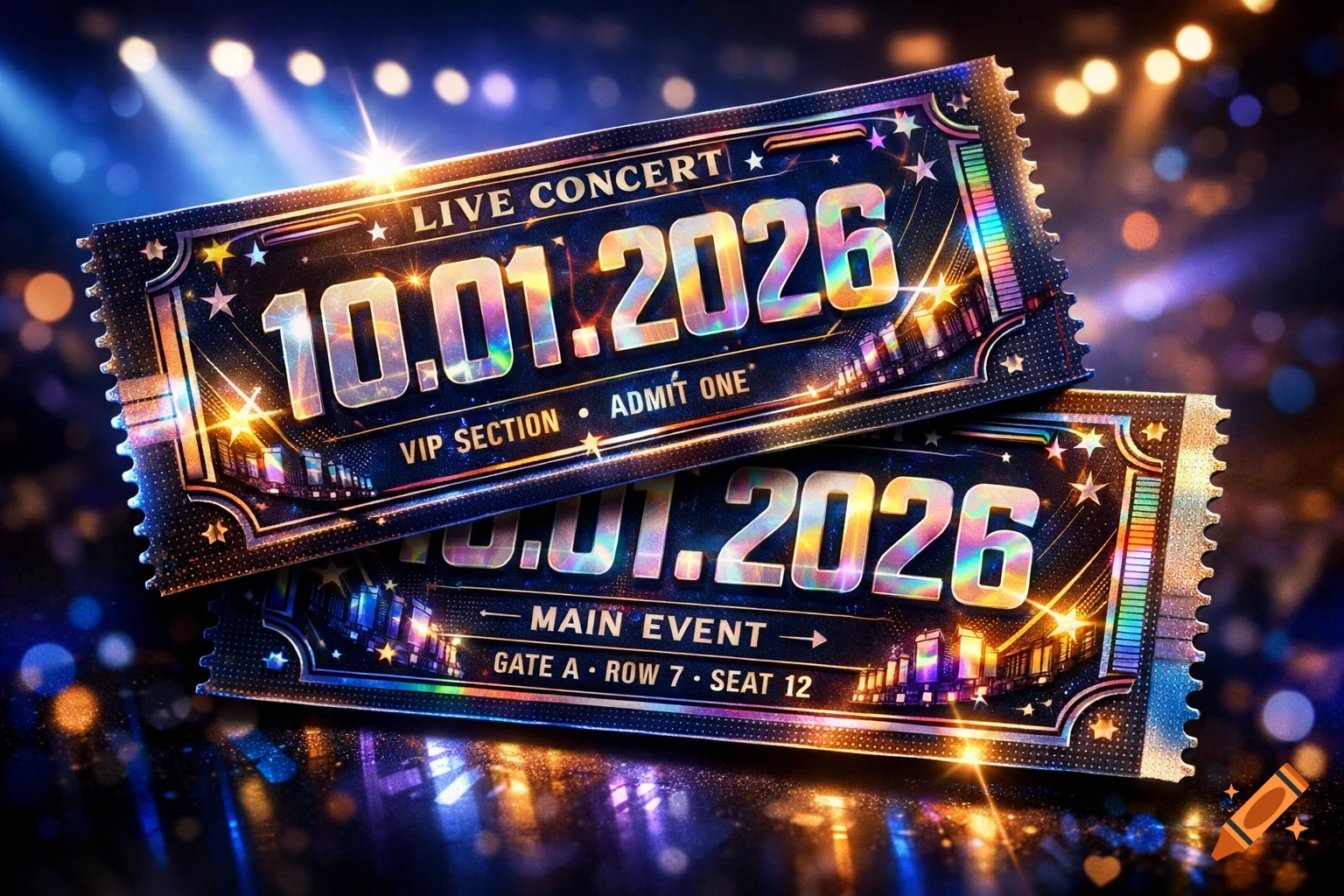 Two sparkling, holographic concert tickets for a live event on 10.01.2026, set against a blurred stage lights background.