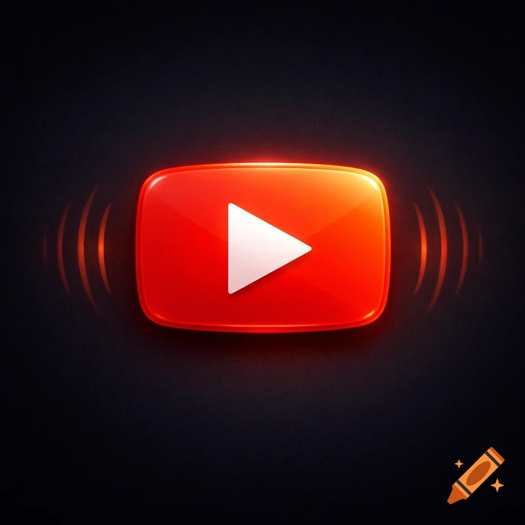 Glowing red YouTube play button with a white triangle on a dark background, emitting subtle orange sound waves.