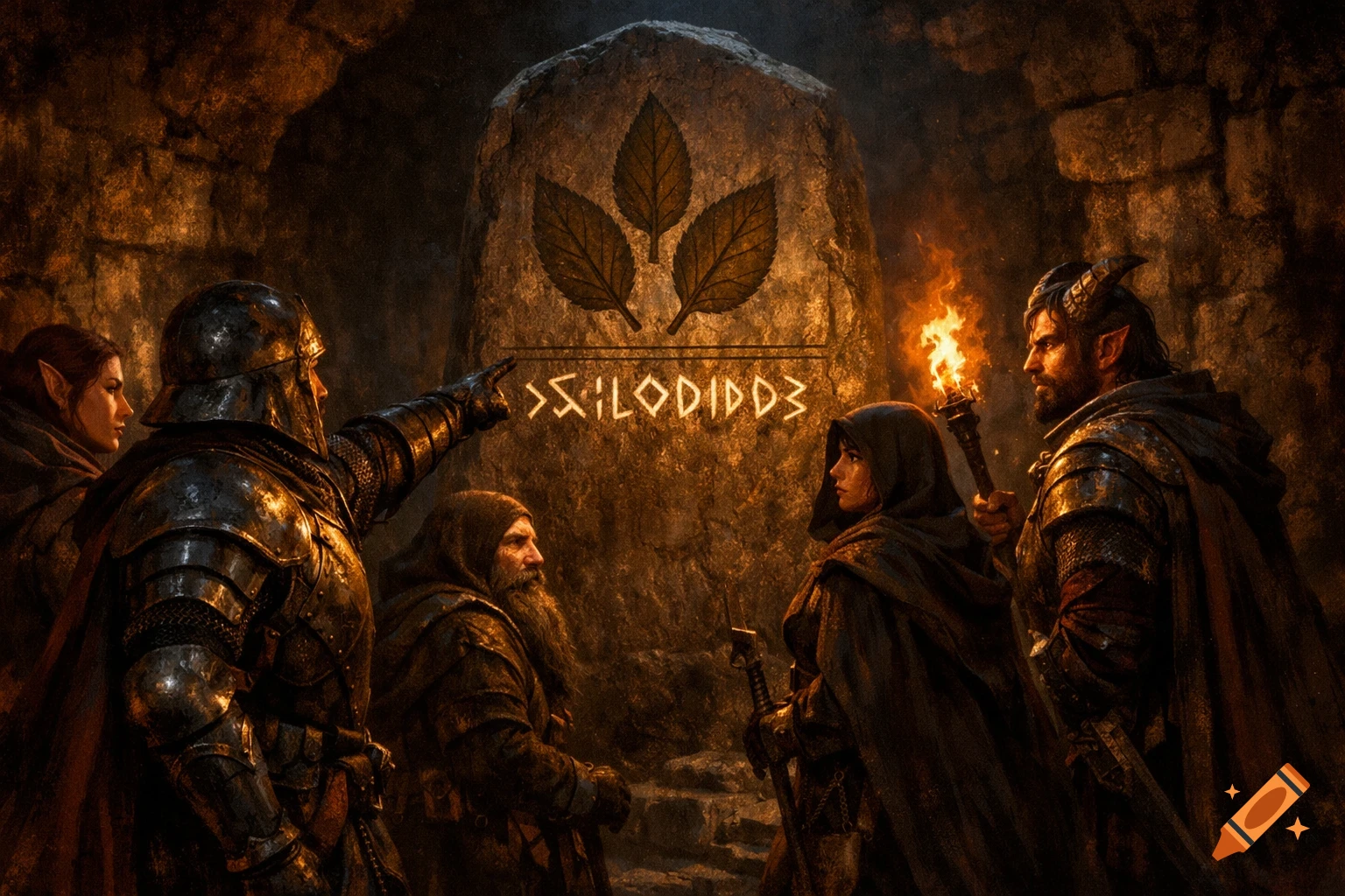 A group of fantasy adventurers, including a knight and an elf, stand in a dark tomb illuminated by torchlight, looking at a stone stele with leaf symbols and indecipherable writing.