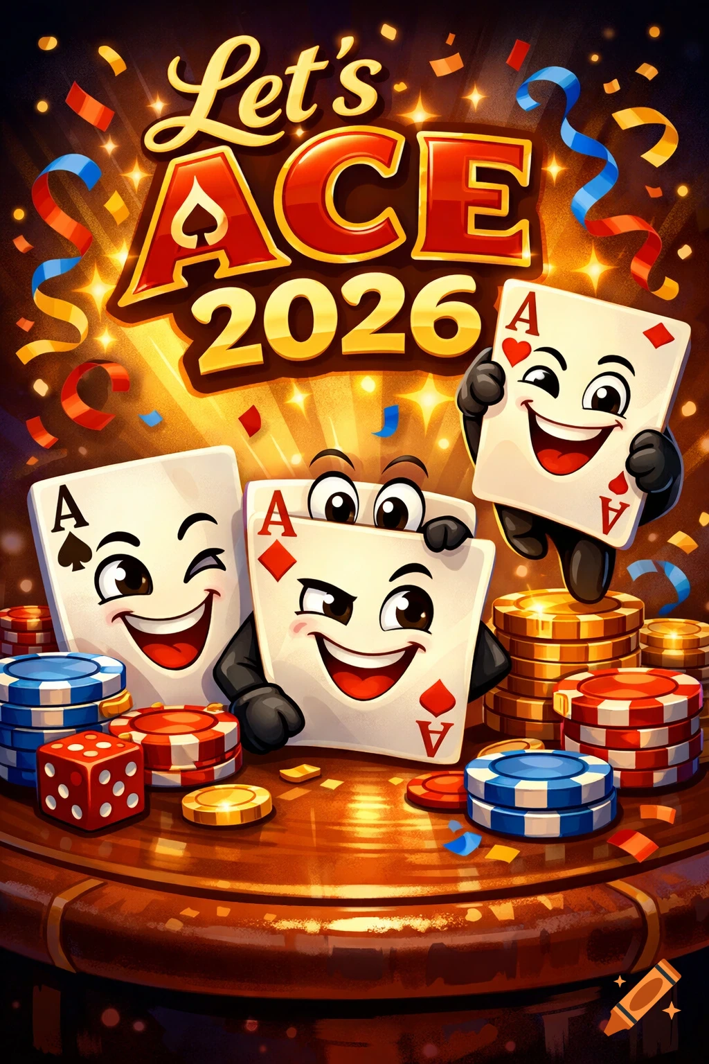 A vibrant cartoon image with three winking ace playing cards, dice, and poker chips on a table, with text 'Let's ACE 2026' amid confetti.