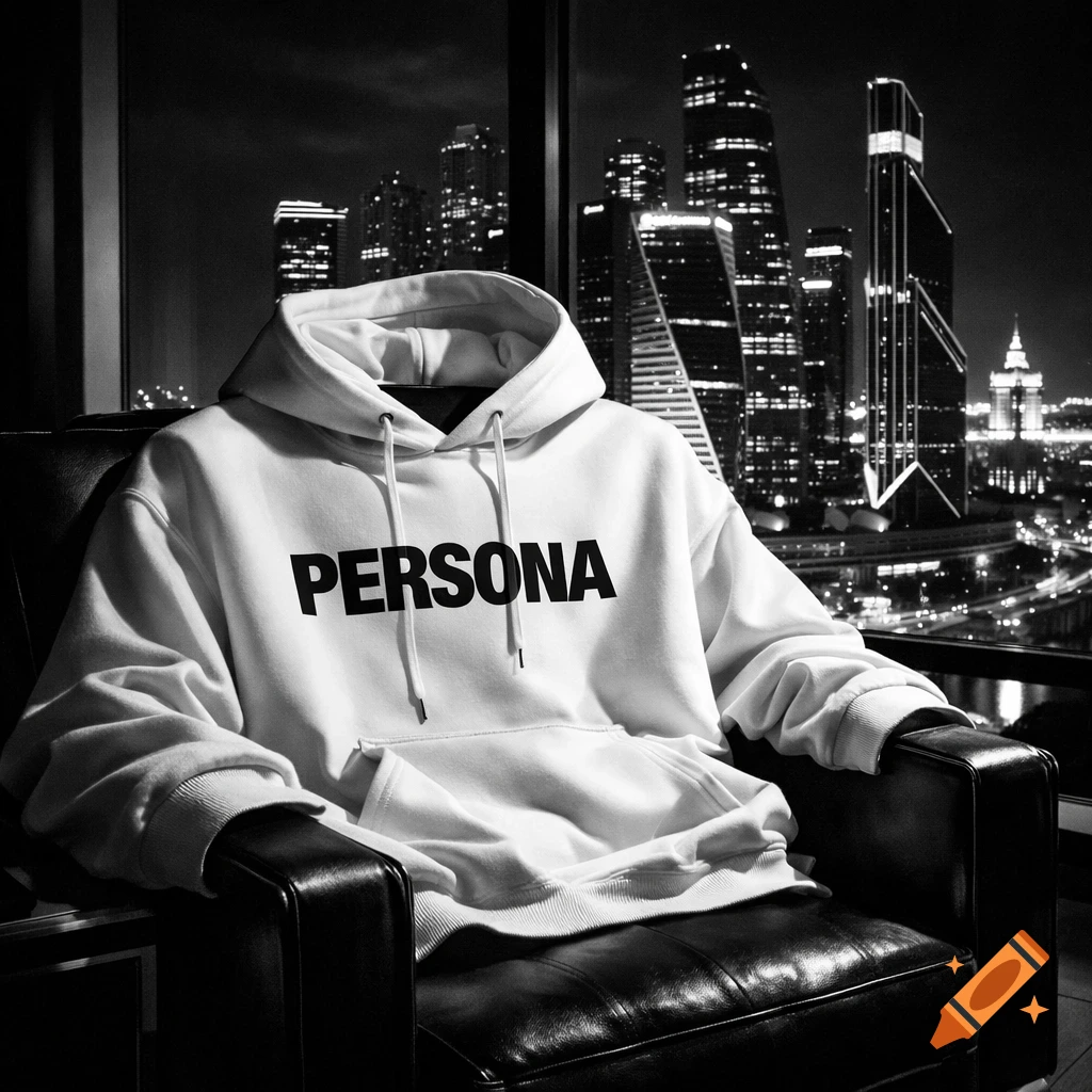 White hoodie with "PERSONA" on a black leather armchair, overlooking a black and white nighttime city skyline.