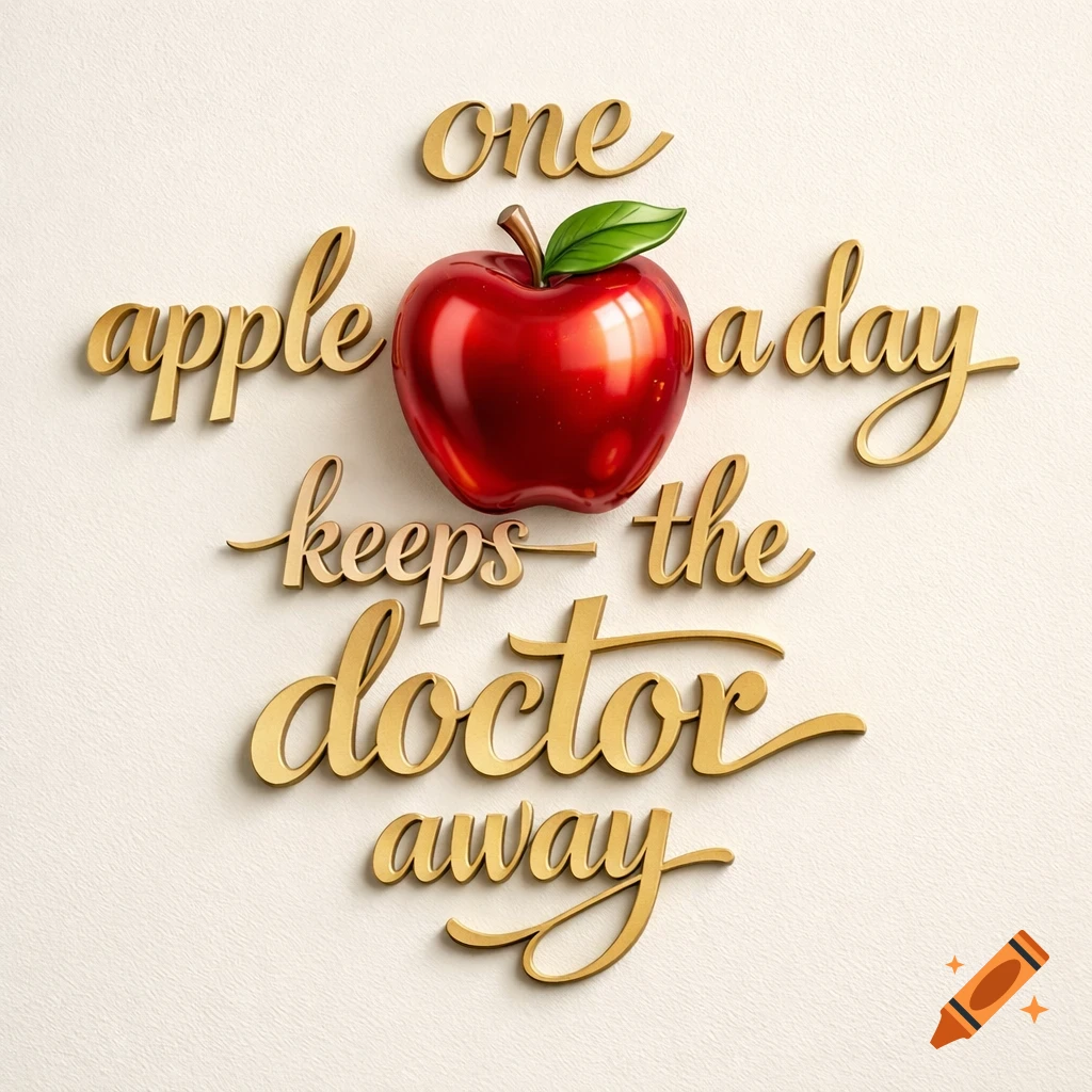 3D golden text of 'one apple a day keeps the doctor away' with a vibrant red apple at the center.