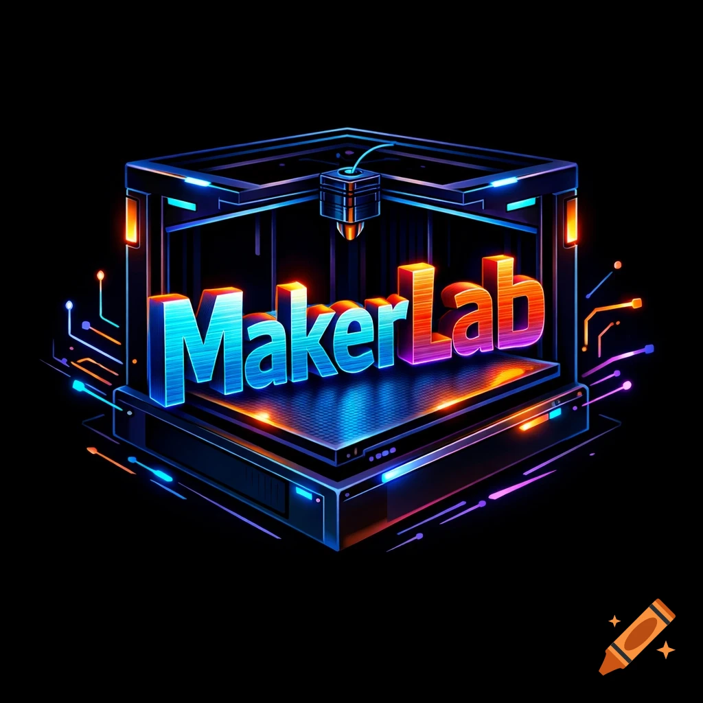 A cyberpunk-style logo featuring a 3D printer with the glowing text 'MakerLab' on its platform, set against a dark background.
