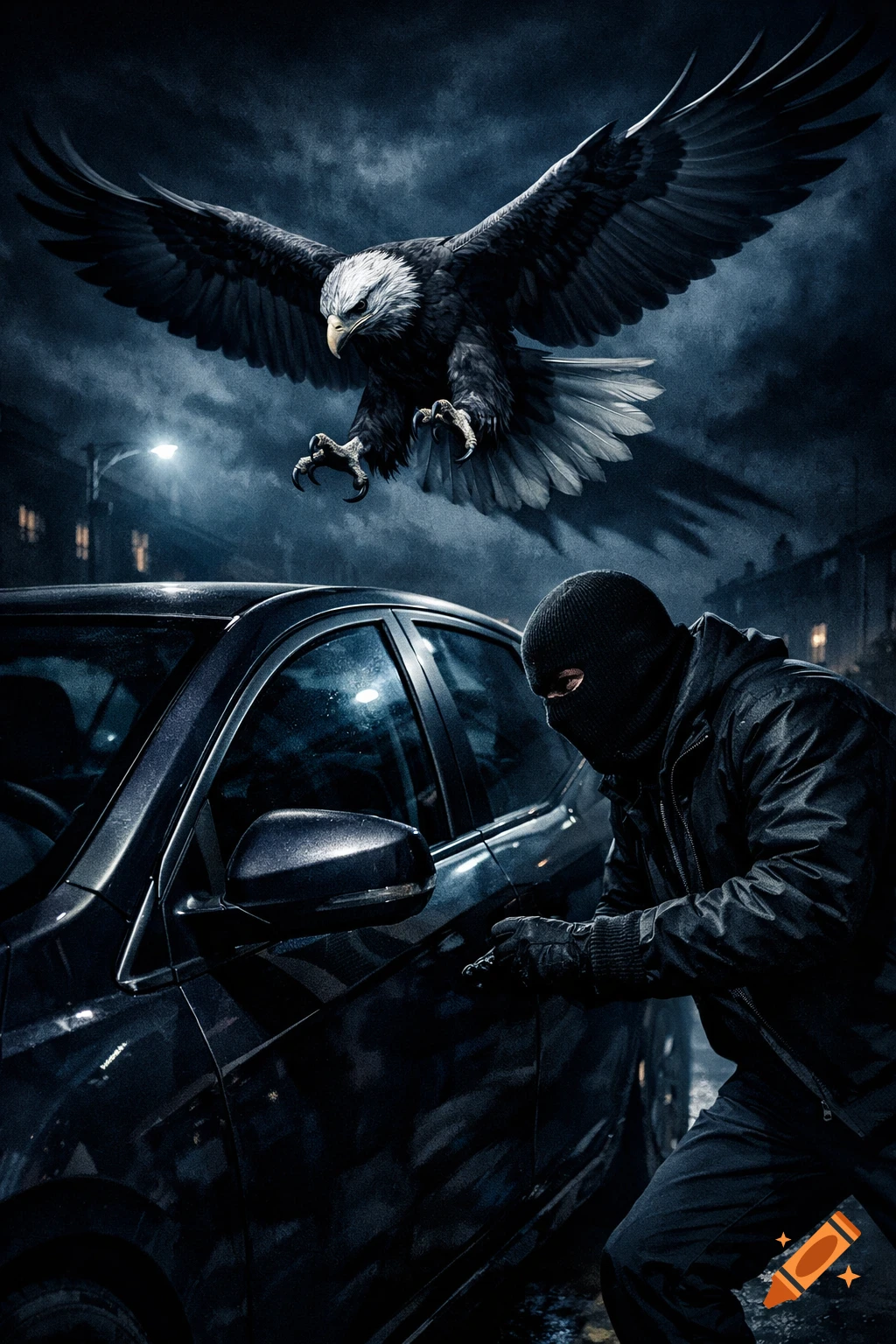 A person in a ski mask attempts to break into a dark car at night, as a large eagle descends from above.