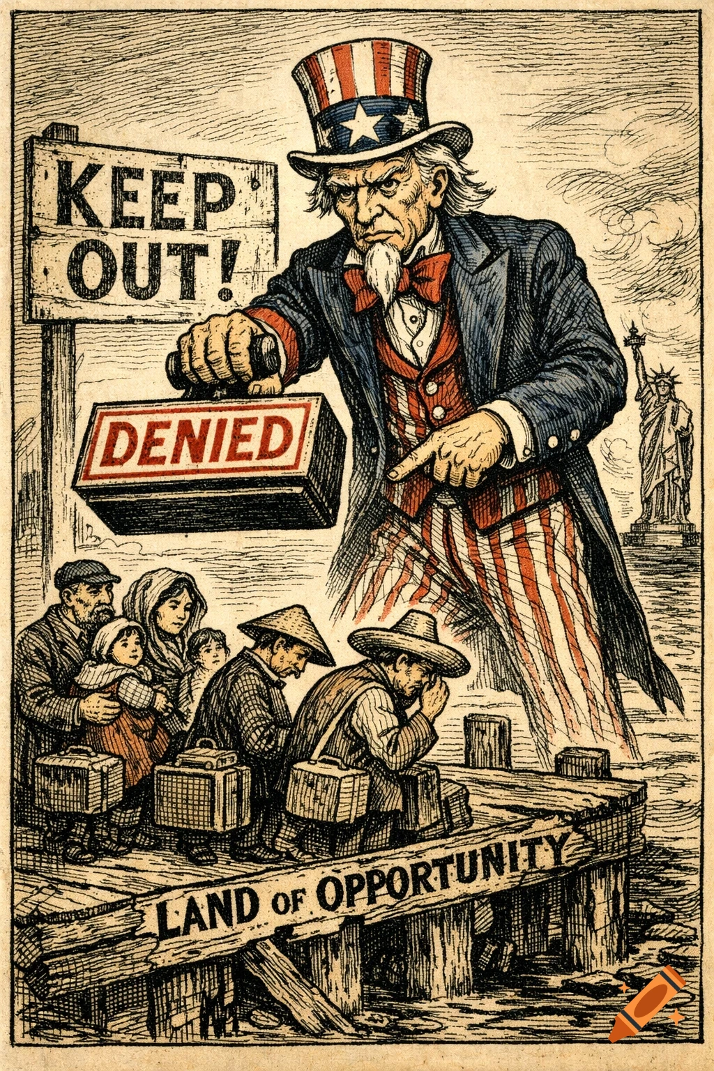 A vintage political cartoon shows Uncle Sam stamping "DENIED" on a group of immigrants on a "Land of Opportunity" dock, with the Statue of Liberty in the distance.