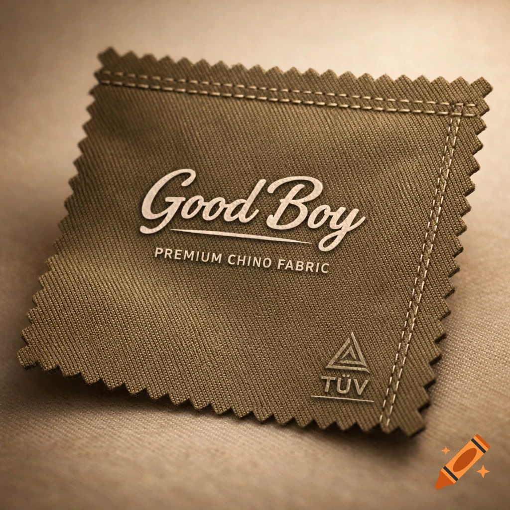 A close-up of an olive-green fabric swatch with pinked edges, featuring "Good Boy" and "PREMIUM CHINO FABRIC" text, and a "T V" logo.